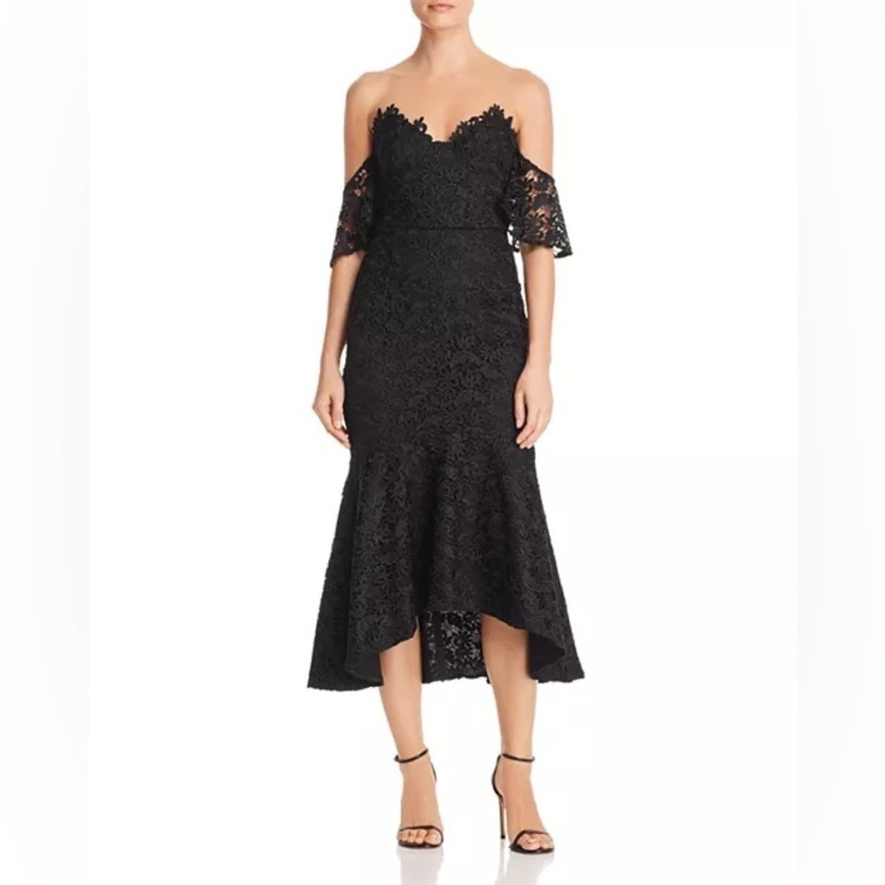 NWT SAU LEE Lace Off Shoulder Cocktail Black Asymmetric Midi Dress Sz 4
